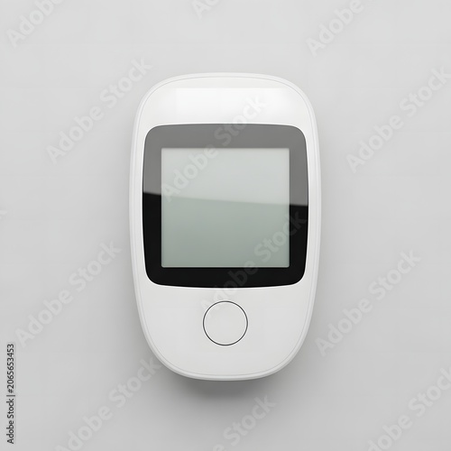 Top view of a modern white electronic blood glucose monitor with a blank digital screen and single button isolated on a light gray background for diabetes management.