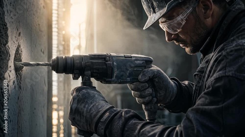 Skilled construction worker performing concrete drilling for structural work
