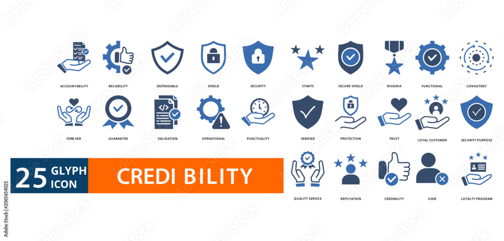 Foto credibility icon set with accountability, reliability,
dependable, shield, secur