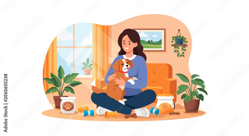 Fototapeta premium Vector illustration of a smiling woman sitting on the floor hugging a small brown and white dog in a living room with house plants, pet toys, and bags of food.