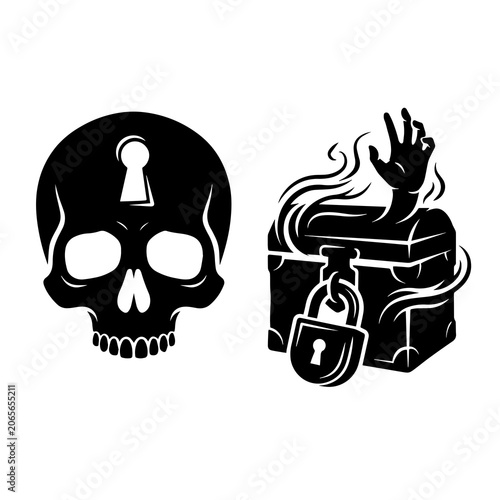 Fotografía Skull with keyhole and cursed chest with ghostly hand halloween supernatural