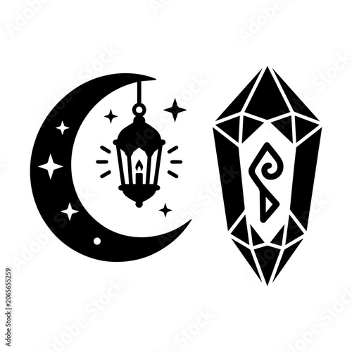 Fotografi Crescent moon lantern and magical crystal gemstone silhouette icon set