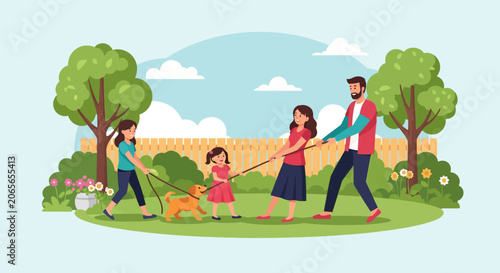 Flat vector illustration of a happy family including father, mother, and two daughters playing tug-of-war with their pet dog on a green lawn in a sunny backyard garden setting.