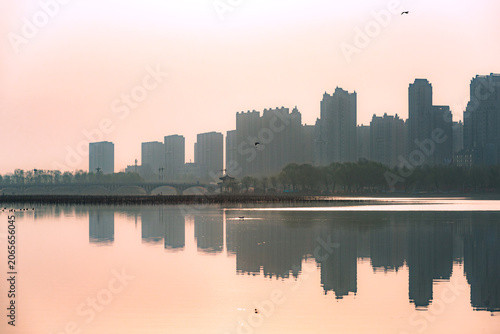 Lakeside Residential Buildings at Morning & Dusk, Urban Waterside Ecological Scenery