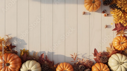 A decorative arrangement of pumpkins and autumn leaves on a white wooden surface with copy space