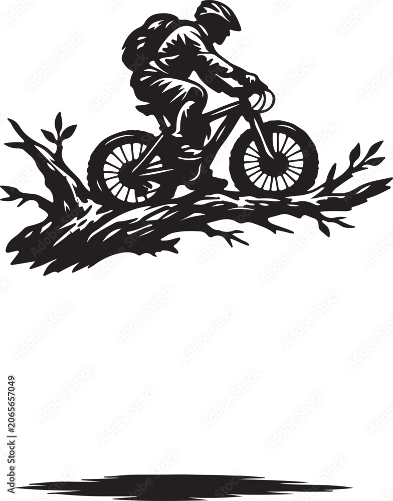 Naklejka premium Mountain biker riding on tree log 