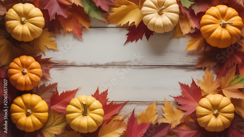 Autumn harvest of miniature pumpkins and colorful fallen maple leaves arranged on a wooden surface