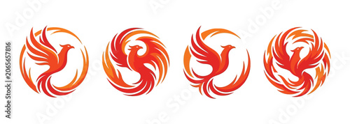 Phoenix bird logo set, mythical fire bird icons in circular flame design, 4 red and orange phoenix vector elements for corporate branding