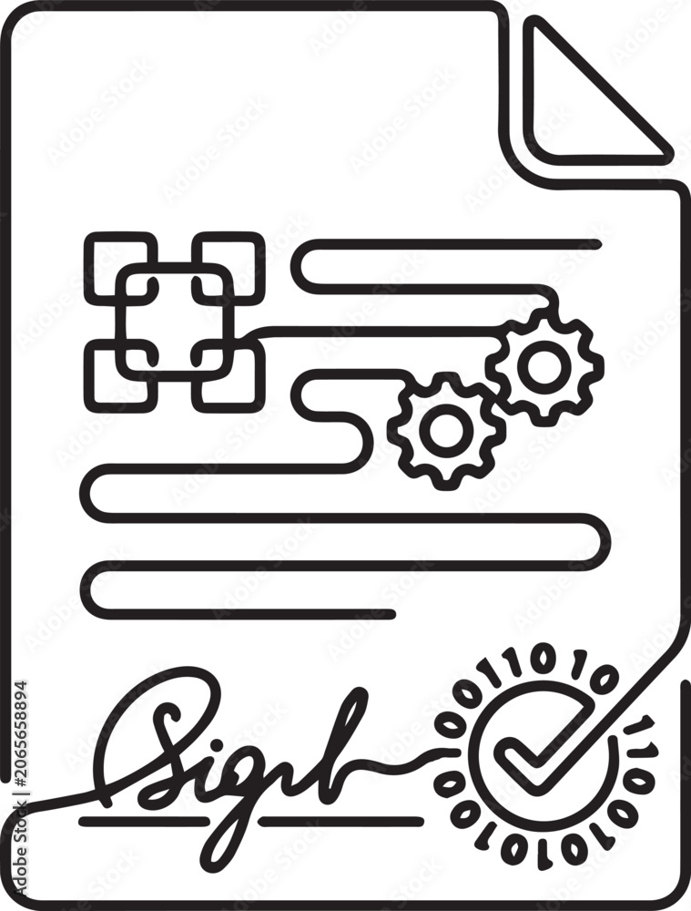 Fototapeta premium Smart Contract Document with Signature Gears and Puzzle Line Art Illustration