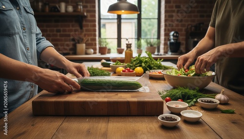 Friends preparing healthy meal with fresh cucumber in kitchen