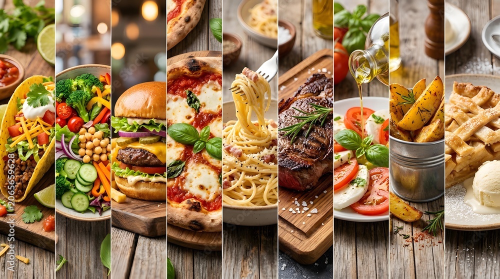 Fototapeta premium Collage of various delicious food items including pizza burger pasta steak and fresh salads.