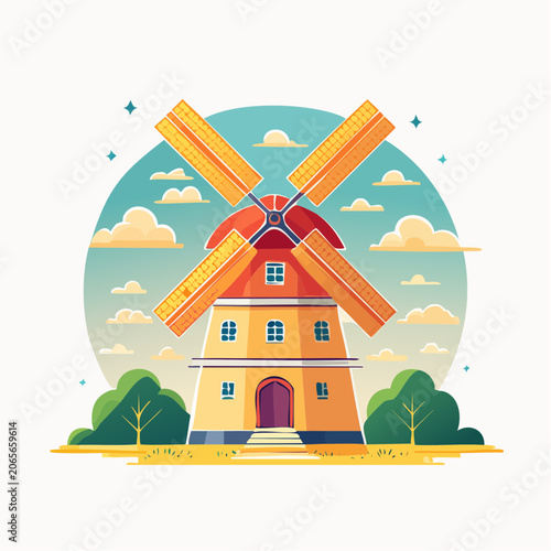 Stylized illustration of a Dutch windmill with yellow sails