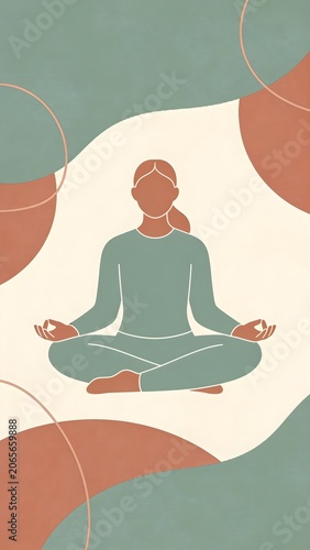 Flat vector yoga meditation figure cream background sage terracotta palette for clean printable wall art