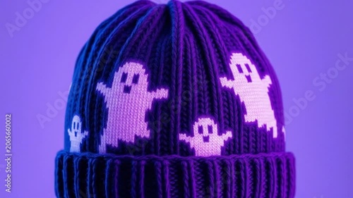 Close up of a dark blue knitted winter beanie with glowing neon pink pixel ghosts patterns, abstract tech background. Cyberpunk style.