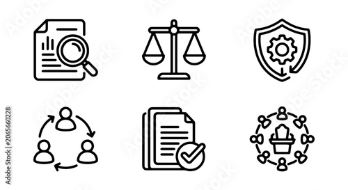 Foto Corporate compliance icon set, legal regulatory symbols, 6 business ethics line