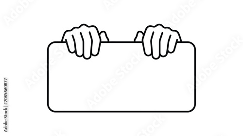 Minimalist line art hands holding blank sign, black and white outline of human hands gripping empty banner, simple vector illustration of message board
