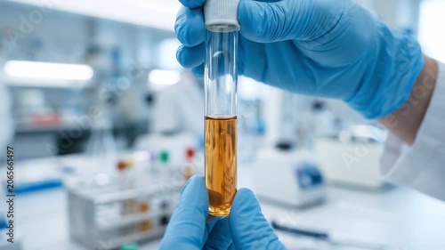 Tracking shot close up of gloved hands holding amber test tube while inspecting and swirling sample on sterile laboratory research bench in clinical daytime focused scientific analysis