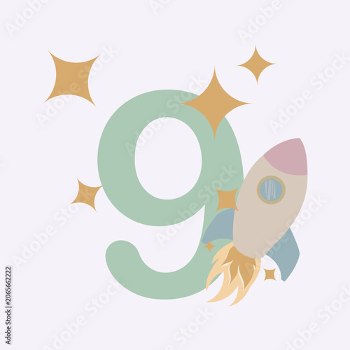 Cute Kids Number 9 Vector with Rocket and Stars in Pastel Colors. Perfect for children's birthday invitations, 9th-anniversary banners, nursery decor, greeting cards, t-shirt prints, milestone posters