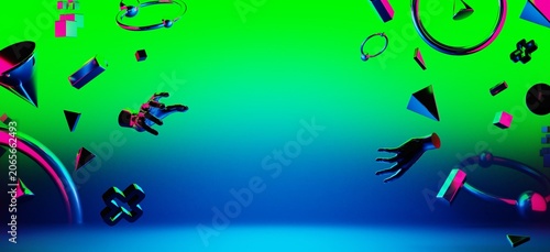 abstract backgound video game of scifi gaming cyberpunk, vr virtual reality simulation and metaverse, scene stand pedestal stage, 3d illustration rendering, futuristic neon glow room