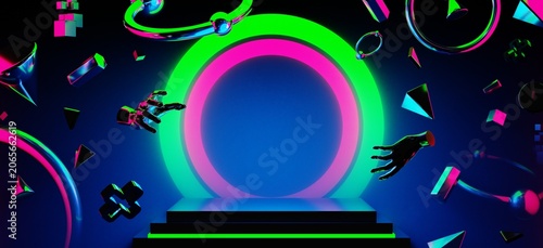 abstract backgound video game of scifi gaming cyberpunk, vr virtual reality simulation and metaverse, scene stand pedestal stage, 3d illustration rendering, futuristic neon glow room