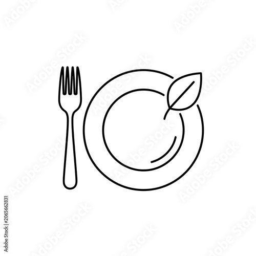Minimalist plate icon with fork and green leaf.