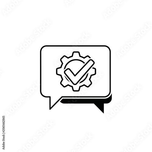 Minimalist speech bubble with gear and checkmark icon.