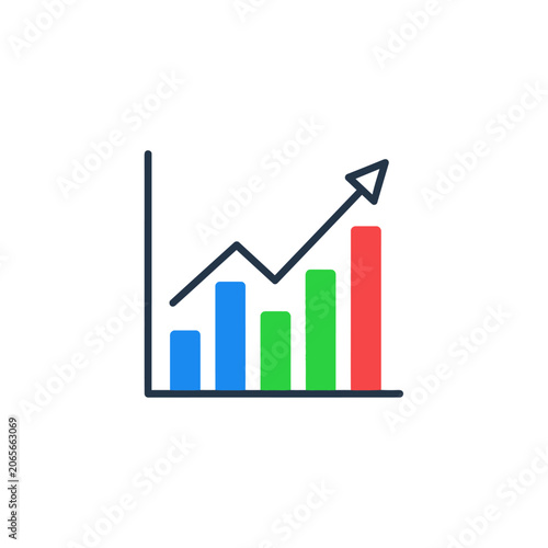 Multi colored bar chart with rising trend arrow.