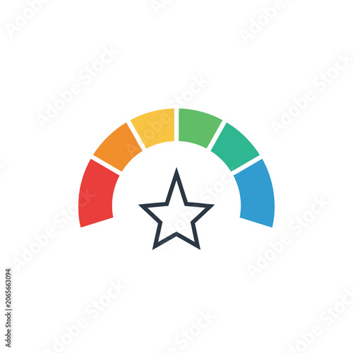 Multicolored performance meter gauge with central star icon.
