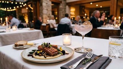 Fine dining experience with duck breast dish and cocktail in an elegant restaurant setting
