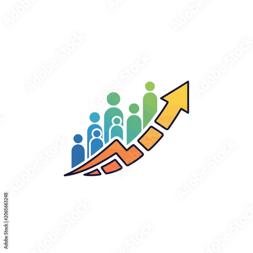 Multiple human figures moving upward on a curved arrow.