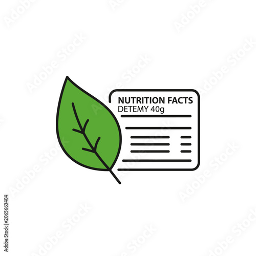Nutrition facts table icon with green leaf element.