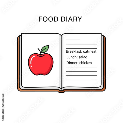 Open food diary book with meal plan details.
