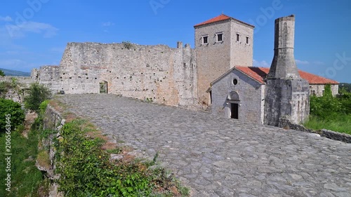 Ancient stone fortress, church, and tower in Ulcinj, Montenegro