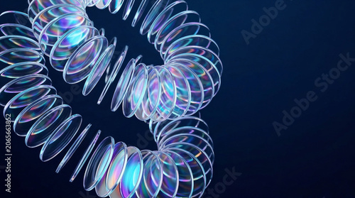 Floating iridescent glass rings in a curved formation.