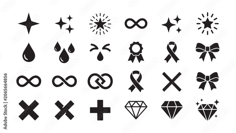 Fototapeta premium Diverse set of black and white vector icons featuring sparkles, water drops, infinity signs, ribbons, crosses, and diamonds