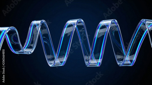 Abstract 3D glass ribbon with glowing blue neon light lines.