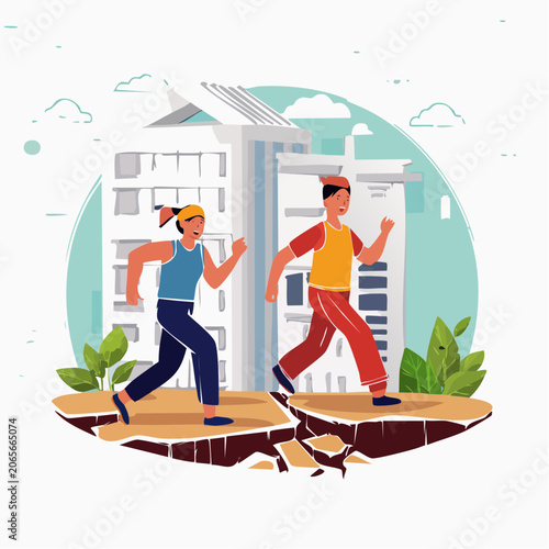 People running from earthquake disaster in city