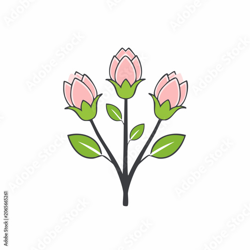 Stylized Pink Flower Buds with Green Leaves