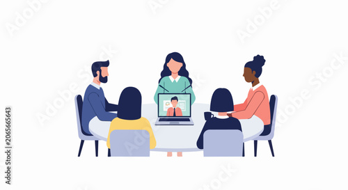 Diverse Professional Business Team in a Hybrid Meeting with Remote Video Conferencing Participant Vector Illustration