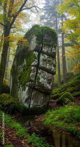 Ancient stone carving in dense forest greenery.