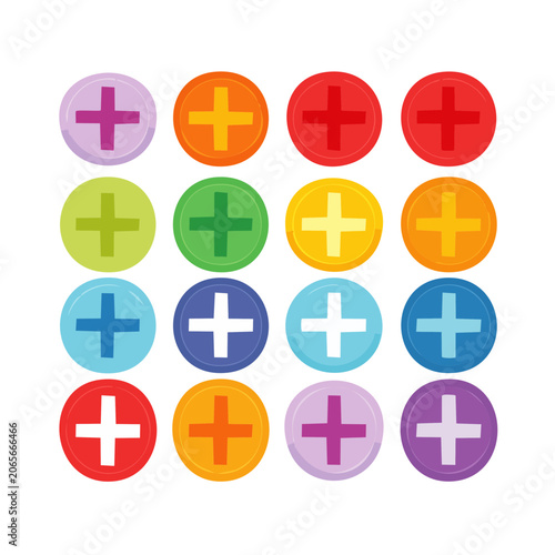 Flat design plus sign icons in colorful circles