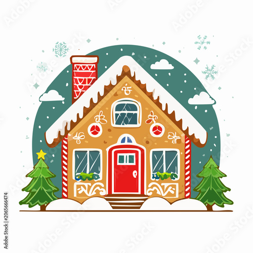 Gingerbread House with Christmas Trees and Snowflakes