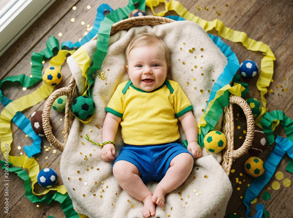 Fototapeta premium Baby in Brazilian colors with soccer theme