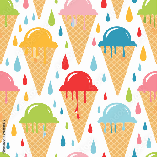 Seamless Pattern of Colorful Melting Ice Cream Cones and Raindrops