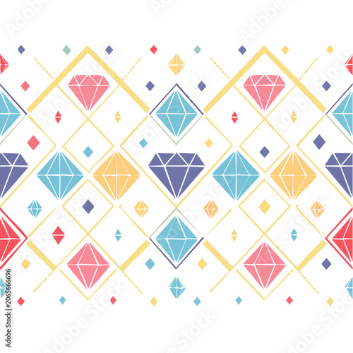 Seamless Pattern with Colorful Diamonds and Geometric Shapes