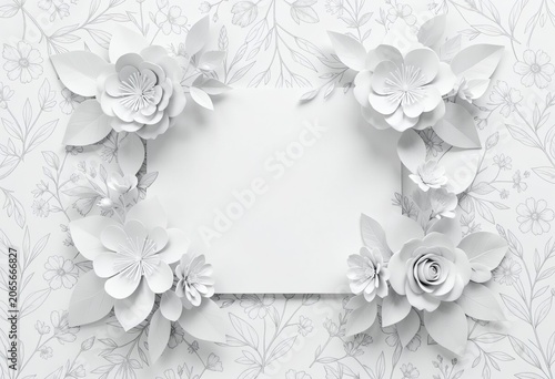 White Paper Flower Frame: A delicate frame made of intricate white paper flowers and leaves encircles a blank space, perfect for text or design. The floral arrangement rests upon a subtle.