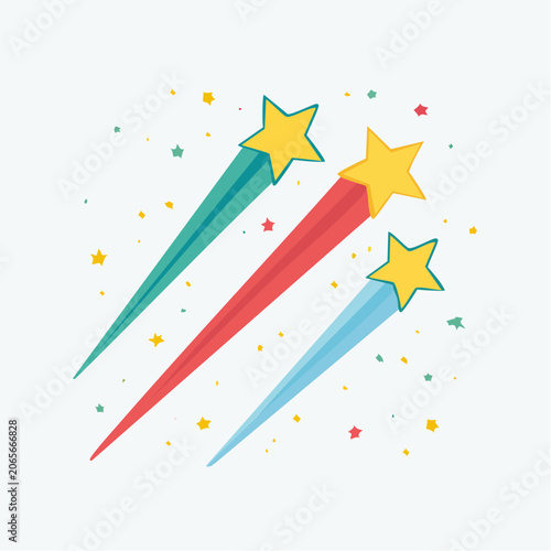 Three shooting stars with colorful trails and confetti