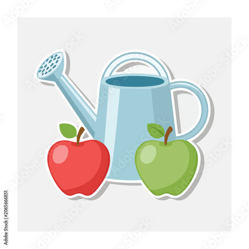 Watering Can with Red and Green Apples Illustration