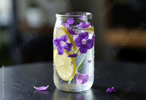 Refreshing Floral Infusion: A clear glass jar filled with sparkling water, lemon slices, and vibrant purple flower petals, offering a visually appealing and healthy beverage option.