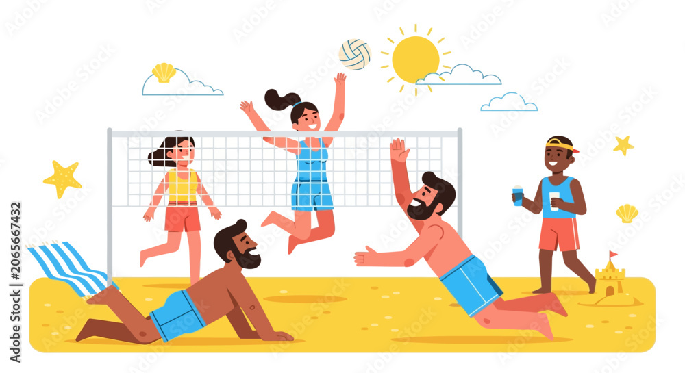 Obraz premium Diverse group of friends playing beach volleyball on a sunny summer day, enjoying leisure and sport together.